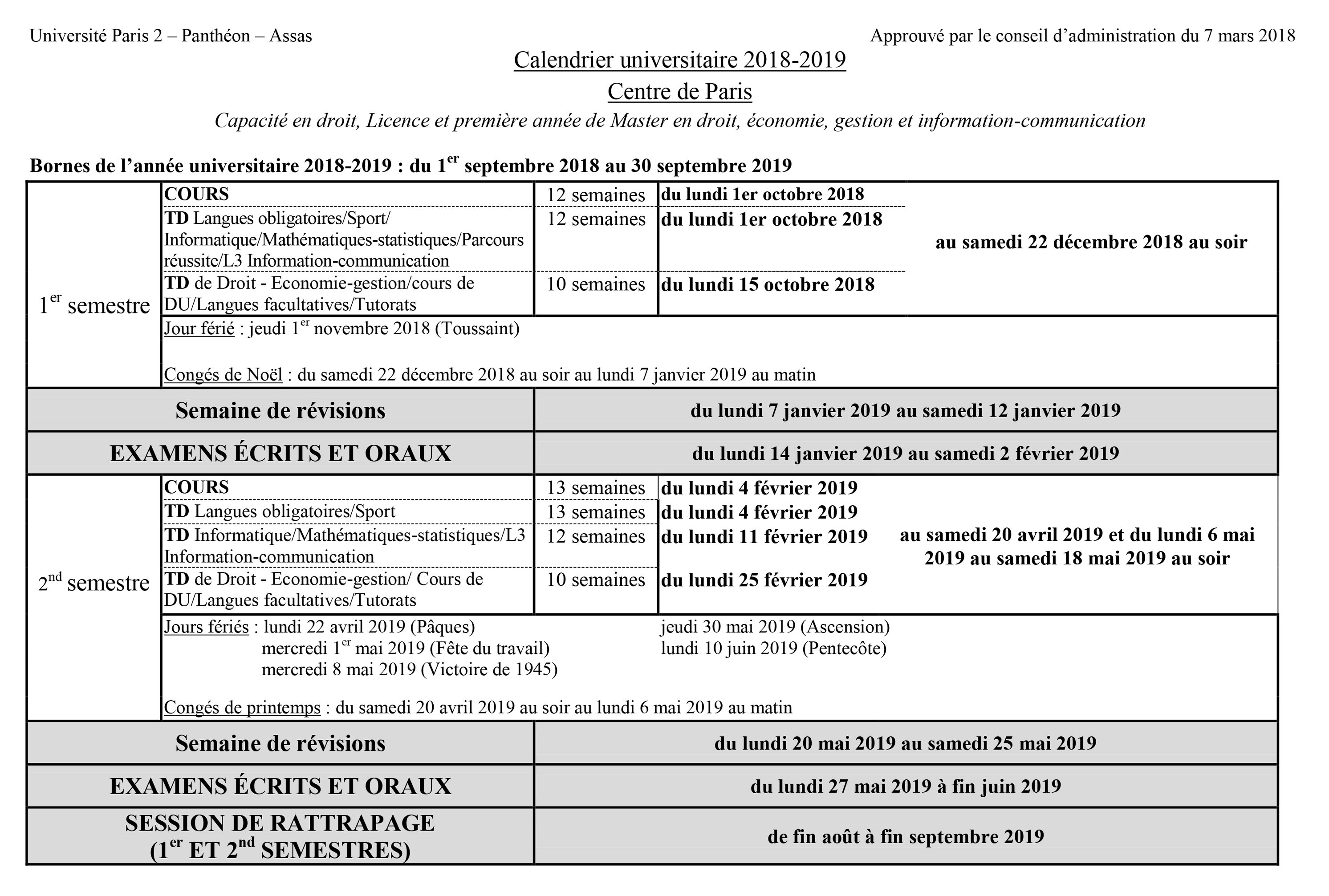 Calendrier universitaire 2018-2019 Capacité en droit, Licence et première année de Master en droit, économie, gestion et information-communication Calendrier universitaire 2018-2019 Capacité en droit, Licence et première année de Master en droit, économie, gestion et information-communication