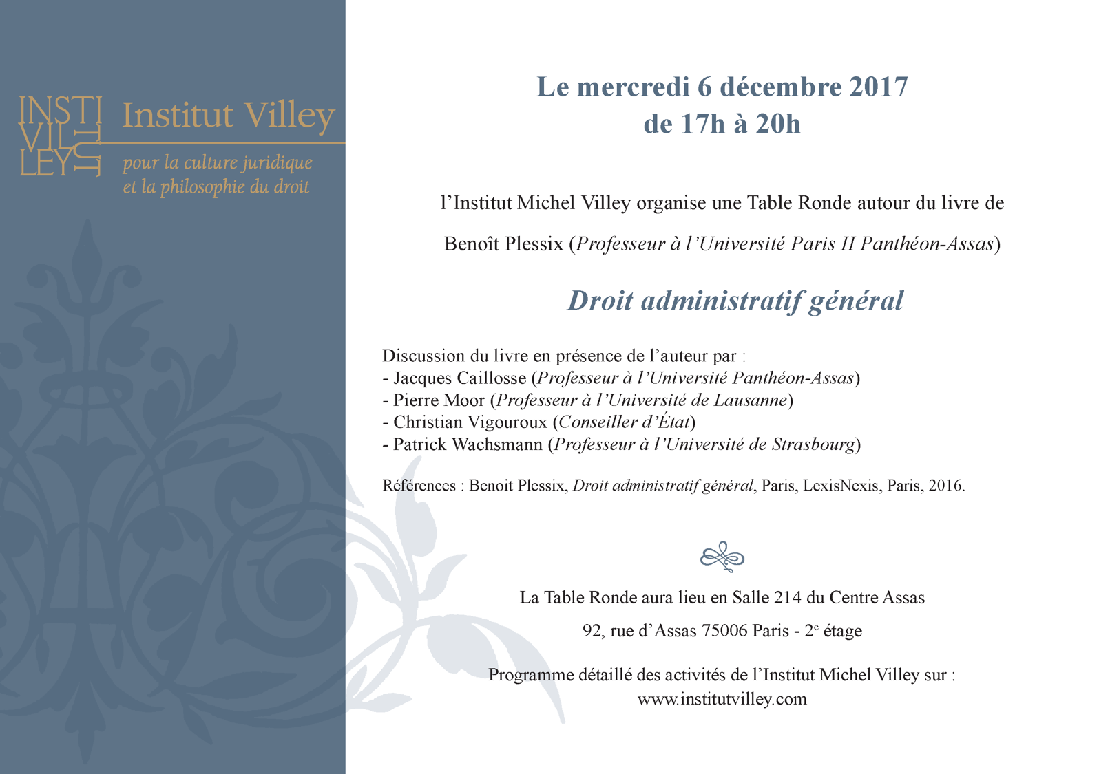 Affiche de la table ronde autour du livre de Benoist Plessix : droit administratif général