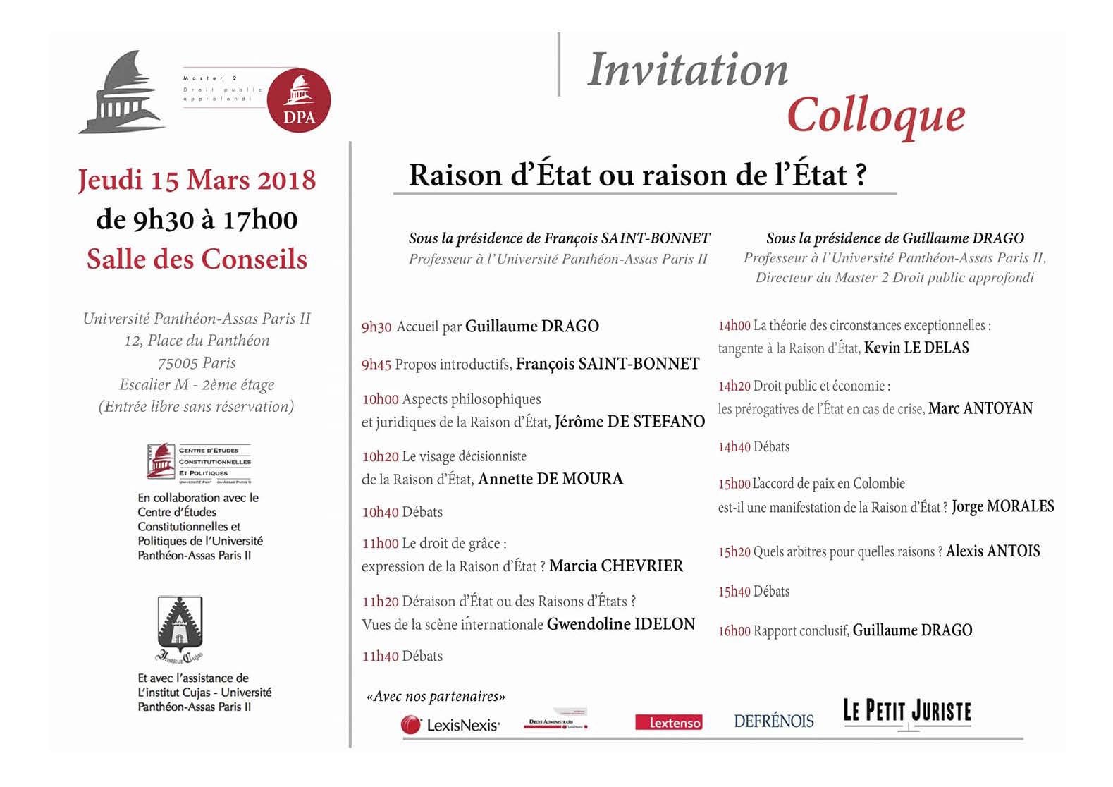 colloque du 15 mars 2018 : Raison d'État ou raison de l'État