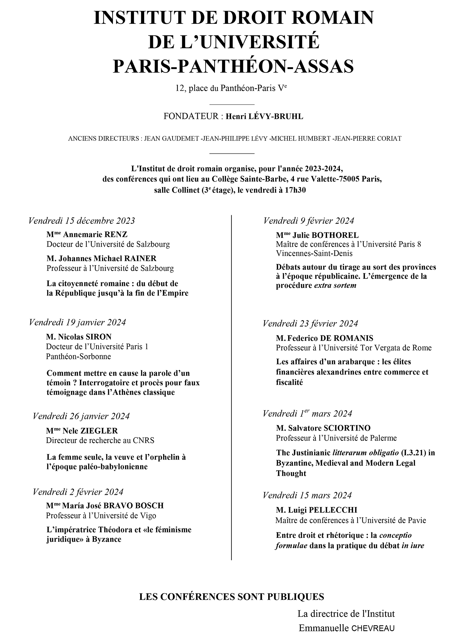 Cycle de conférences 2023-2024 de l'Institut de droit romain