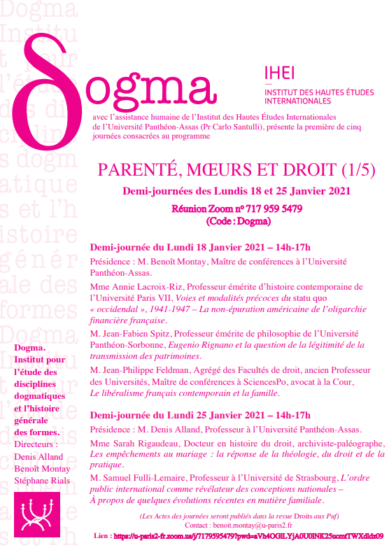 Affiche de la conférence Parenté, mœurs et droit (1/5)