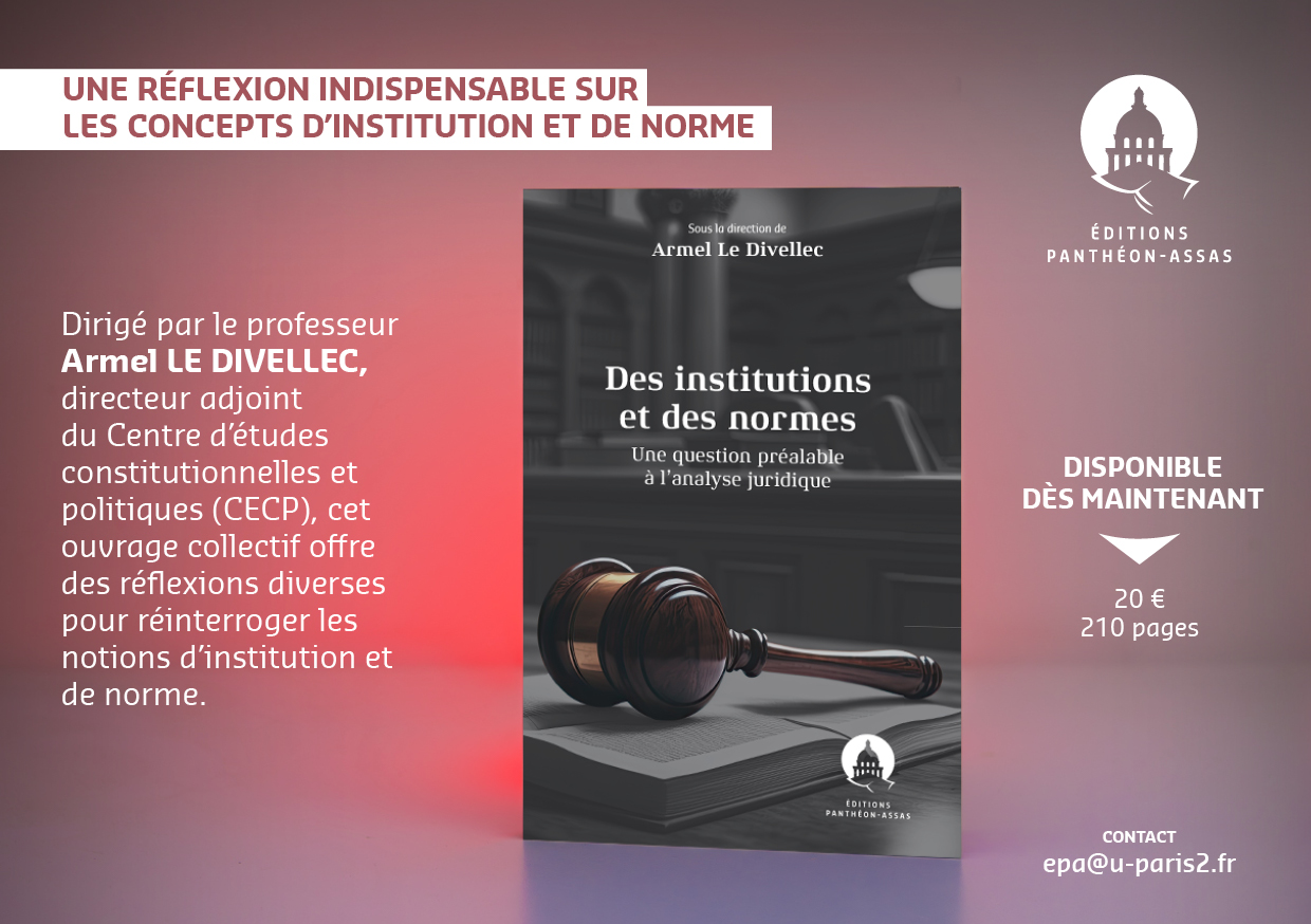 Flyer promotionnel de l'ouvrage Des institutions et des normes. Une question préalable à l'analyse juridique, dirigé par Armel Le Divellec