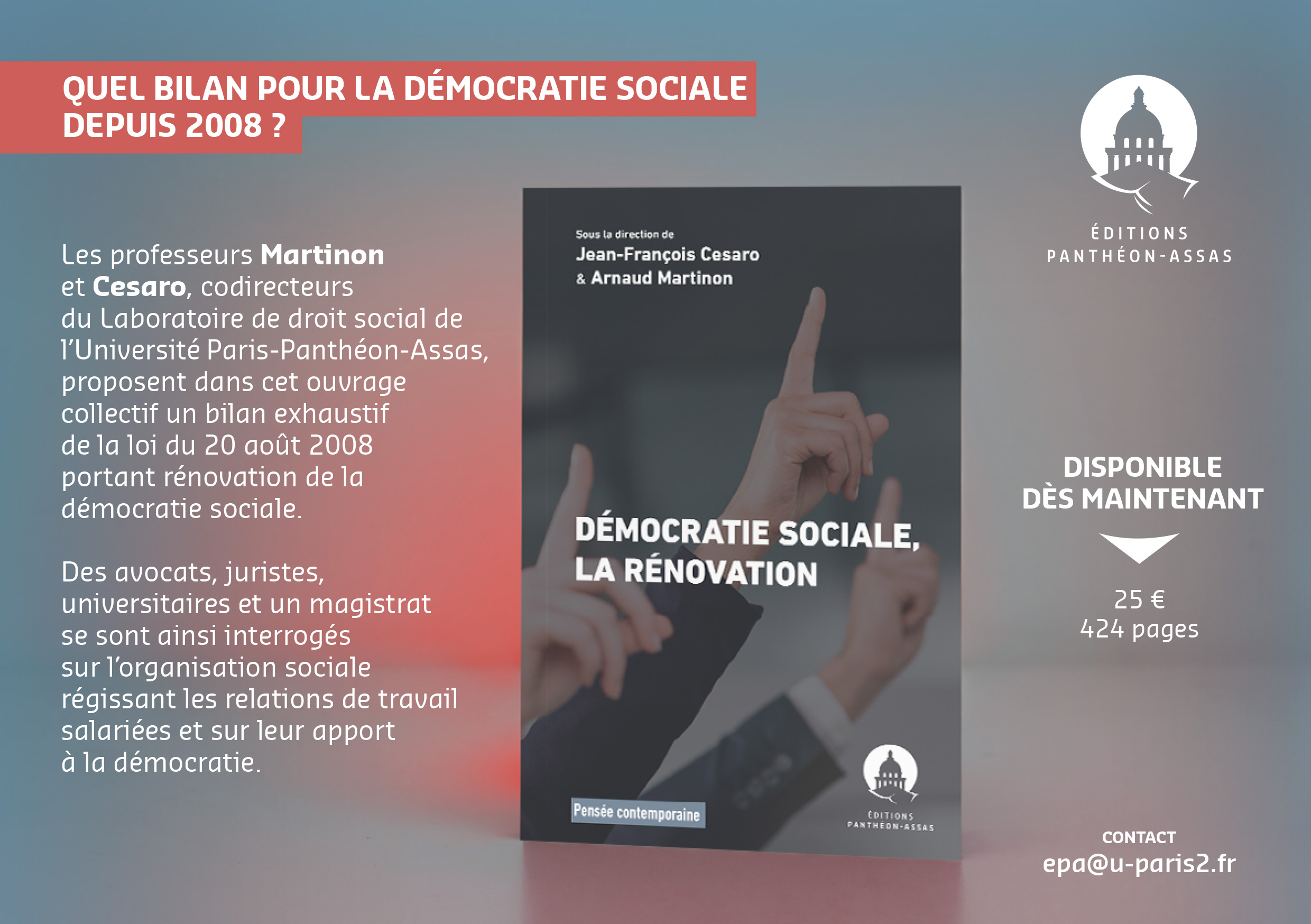 Flyer promotionnel de l'ouvrage collectif des professeurs Arnaud Martinon et Jean-François Cesaro Démocratie sociale, la rénovation
