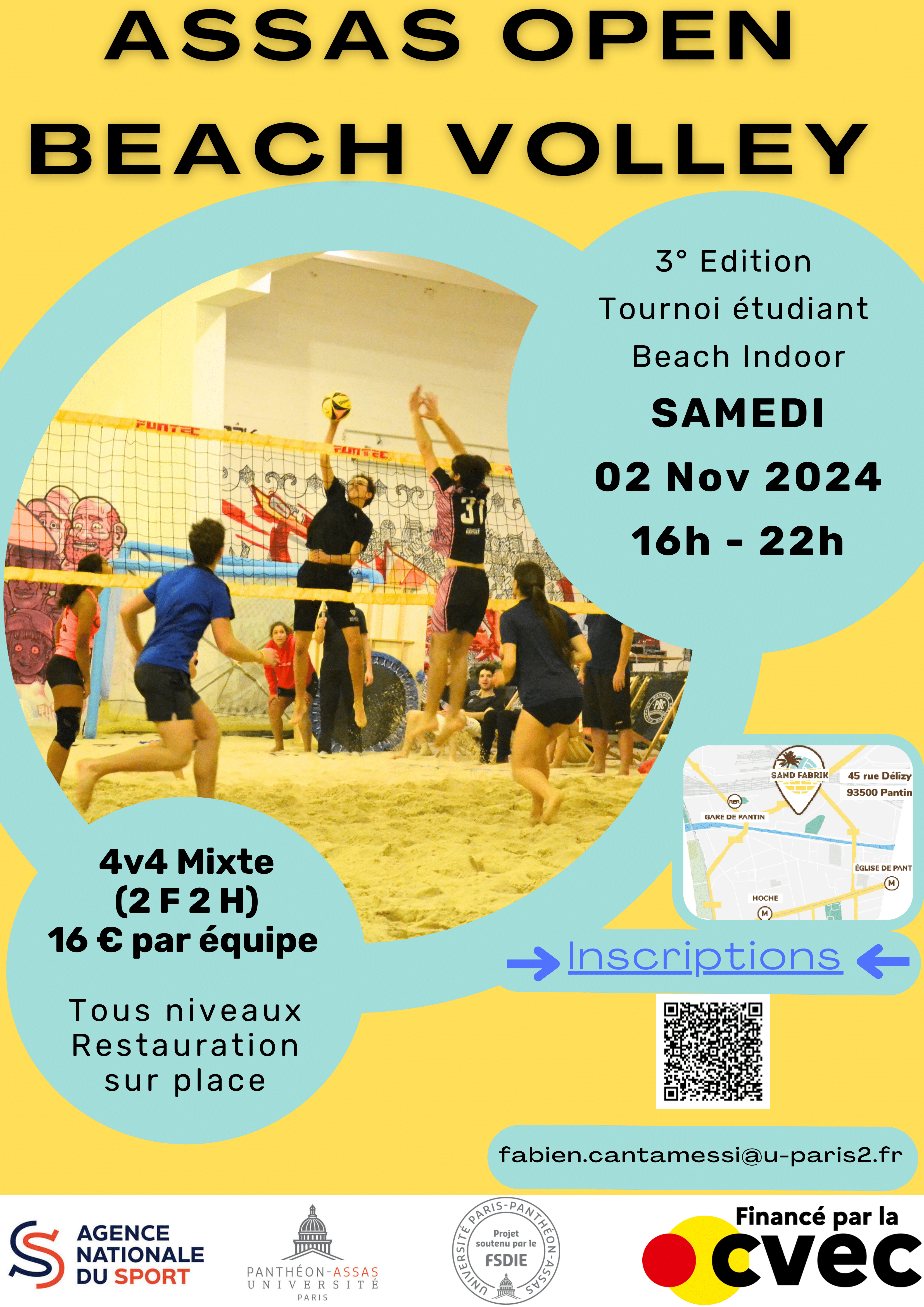Affiche indiquant les horaires et informations pratiques du tournoi de beach volley indoor